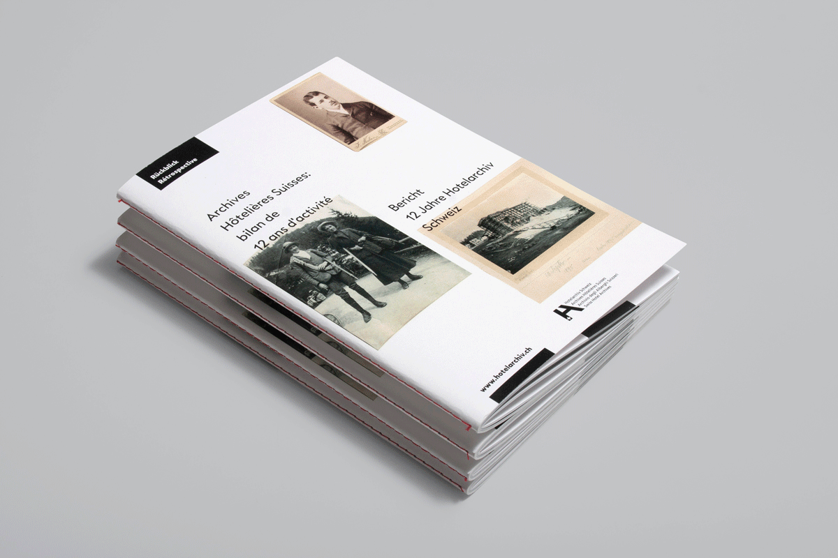 Annual Report of the Foundation Swiss Hotel Archives – So that knowledge is not lost. The design concept adopts visual codes of archiving and shows hotel archives in front of and under the backdrop with impressive pictures. Hotelarchiv Schweiz aims to preserve as well as disseminate knowledge about the history of the Swiss hotel industry. The Swiss Hotel Archives foundation was founded 12 years ago to systematically collect historical documents (written documents, plans, picture and sound sources) in the tourist country of Switzerland and to network them in a database and make them accessible. The report tells the story of the foundation, explains documentation profiles, lets us look in front of and behind the scenes of renowned Palace Hotels with relevant examples and reports on the future of archives in the digital age.